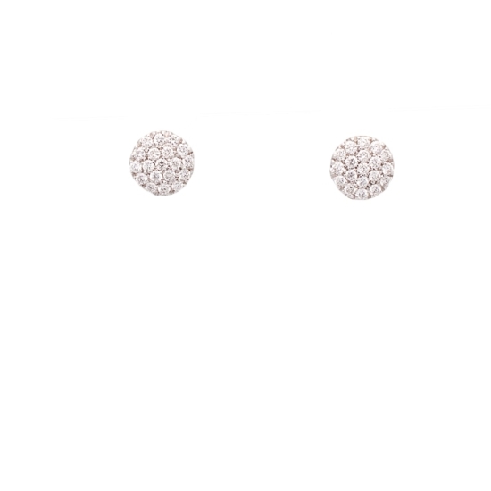 Pendientes pequeños de oro blanco de 18Kt, en forma de pequeño círculo de pavé de diamantes talla brillante con un peso de 0,13c