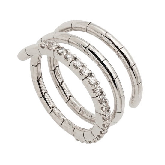 Anillo de oro blanco de 18Kt en forma de espiral de triple vuelta, extensible y articulada, con diamantes talla brillante en un 