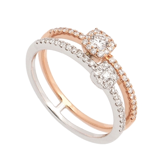 Anillo doble de oro blanco y rosa de 18Kt con diamantes talla brillante en brazo, así como en dos motivos cuadrados centrales, c