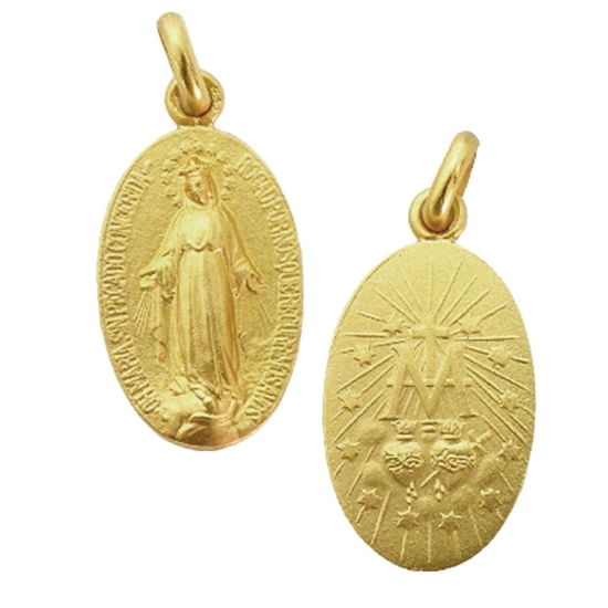Medalla oval de oro amarillo de 18Kt con la imagen de Virgen Milagrosa, con doble faz.
