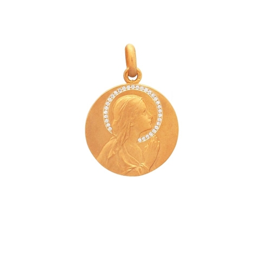 Medalla de oro amarillo de 18Kt virgen niña rezando de 20mm con 32 diamantes talla brillante de 0,70mm (0,04ct) en el velo, cali