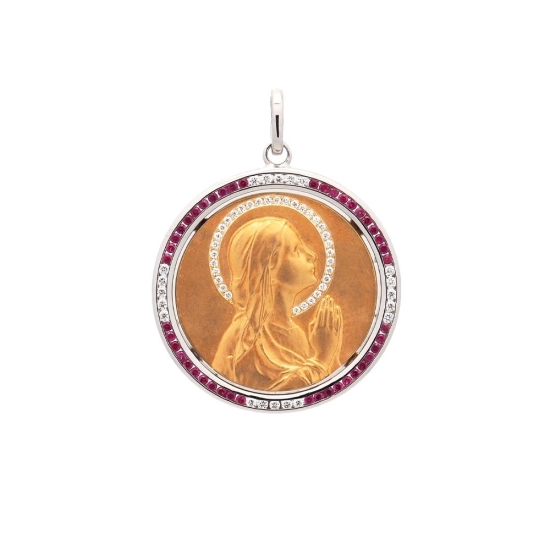 Medalla de oro amarillo de 18Kt, Virgen niña rezando de 20mm de diámetro con 33 diamantes talla brillante de 0,70mm (0,05ct) de 