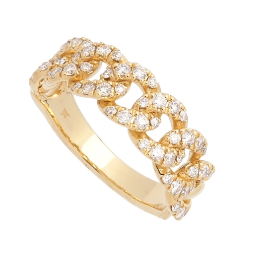 Anillo de oro amarillo de 18Kt con forma de cadena barbada, con diamantes talla brillante con un peso total de 0,57ct y calidad 