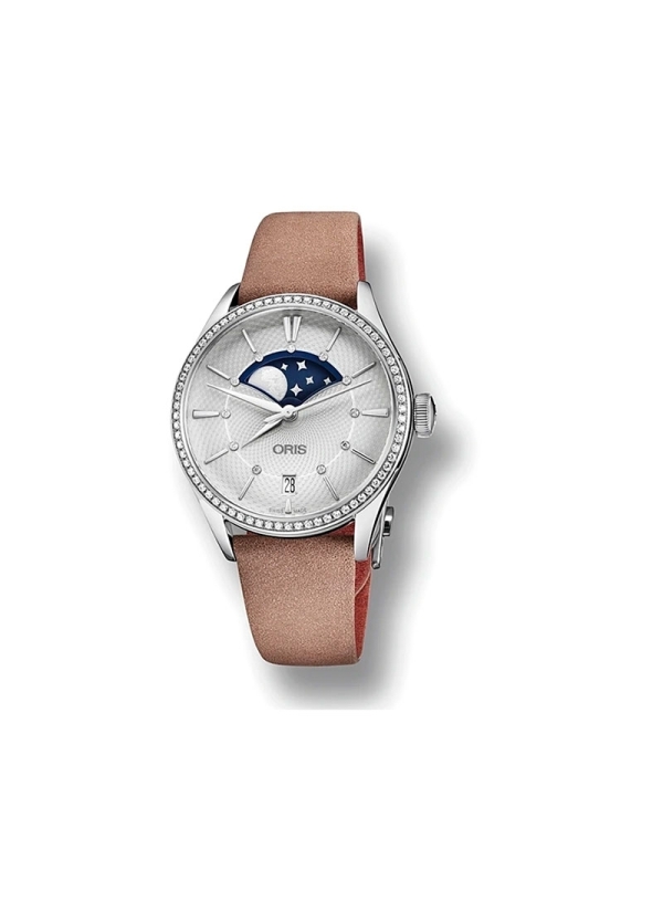 El Oris Artelier Date es un reloj de movimiento automático con reserva de marcha de 38h y ventanilla para fase de la luna, caja 