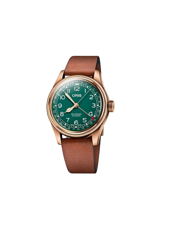 El Oris Big Crown Pointer Date 80 Aniversario es un reloj de movimiento automático con reserva de marcha de 38h en caja de bronc