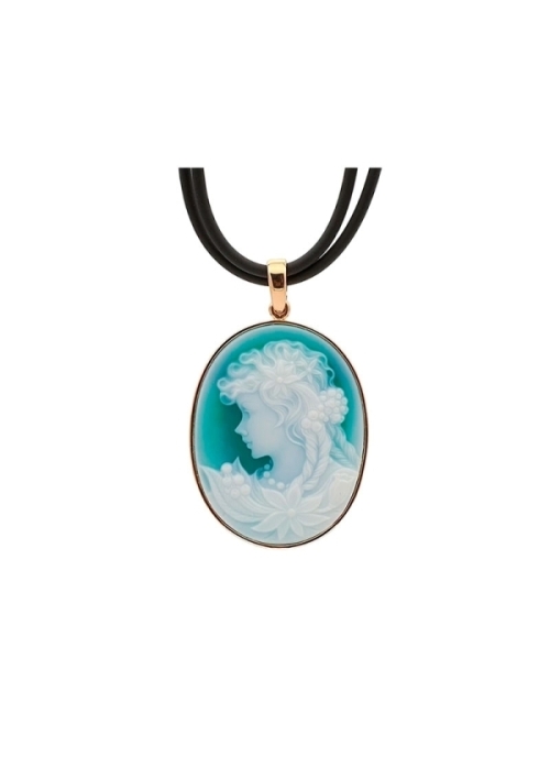 Colgante de oro rosa de 18Kt con camafeo de ágata verde y blanca, con figura de joven con paloma.