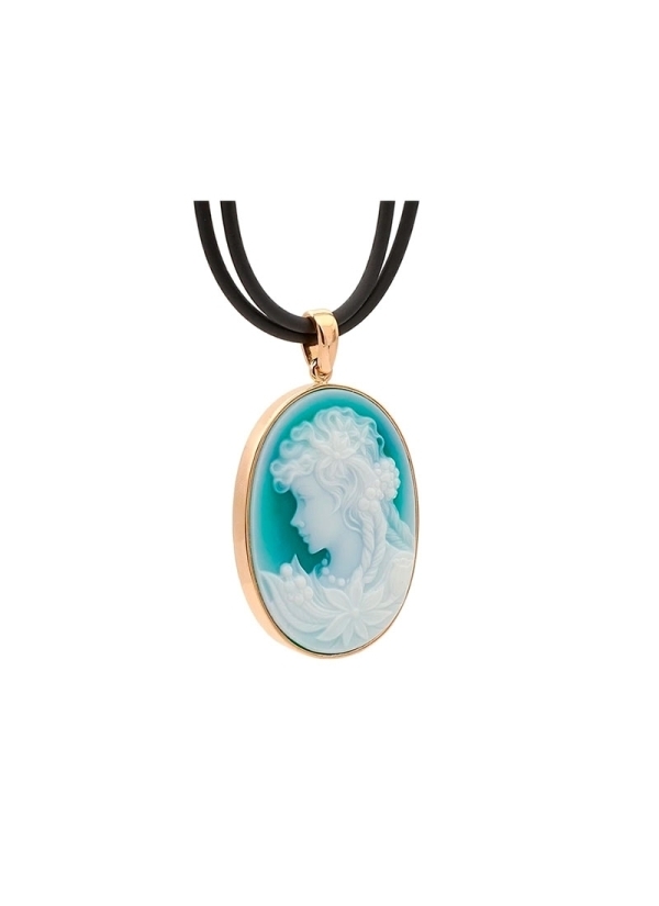 Colgante de oro rosa de 18Kt con camafeo de ágata verde y blanca, con figura de joven con paloma.