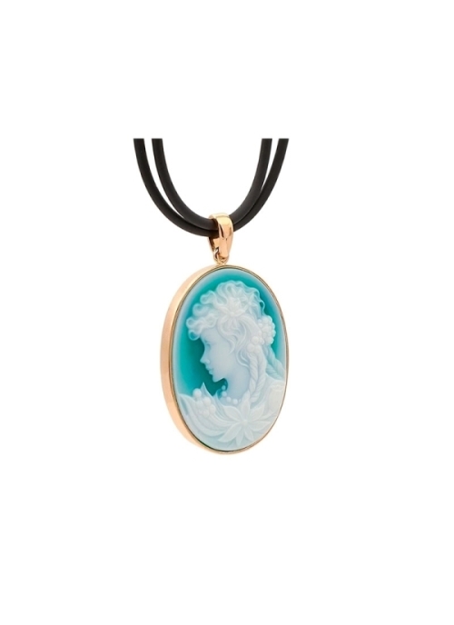Colgante de oro rosa de 18Kt con camafeo de ágata verde y blanca, con figura de joven con paloma.