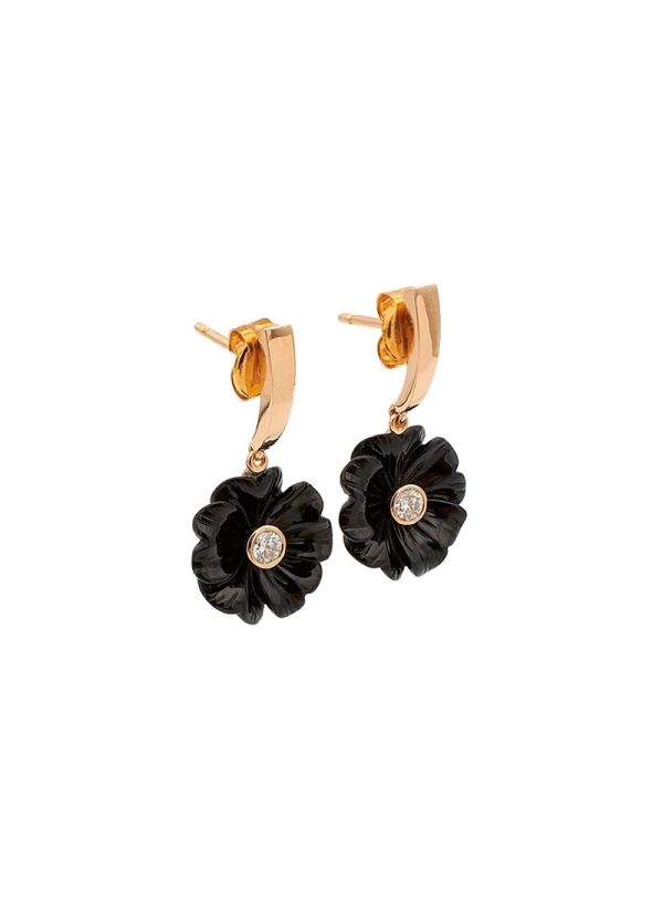Pendientes de oro rosa de 18Kt con ónix tallado en forma de flor y en el centro  diamante talla brillante con un peso total de 0 2
