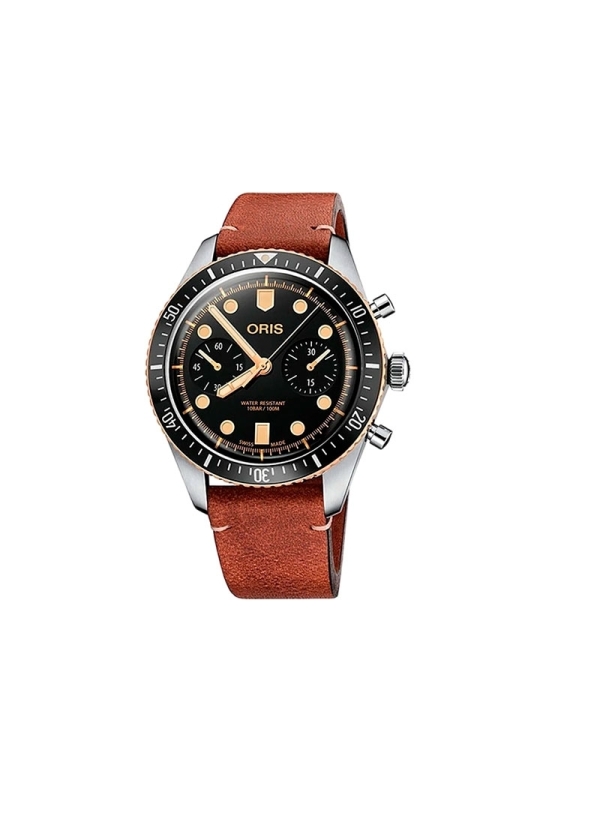 El Oris Divers Sixty-Five Chronograph es un reloj de movimiento automático con reserva de marcha de 48h en caja de acero y bronc