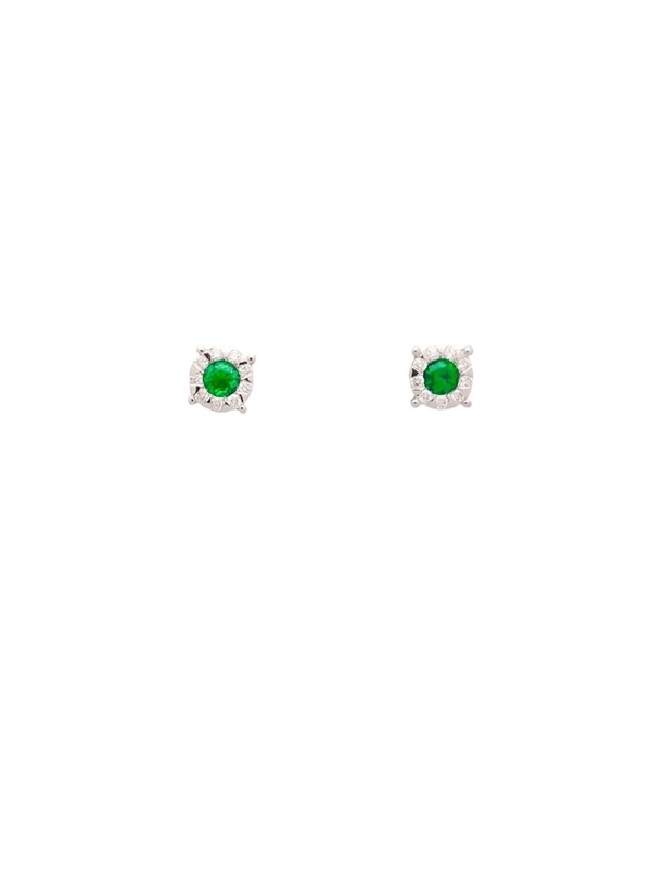 Pendientes de oro blanco de 18Kt, con esmeraldas redondas con un peso de 0,25ct rodeados de una orla de diamantes talla brillant