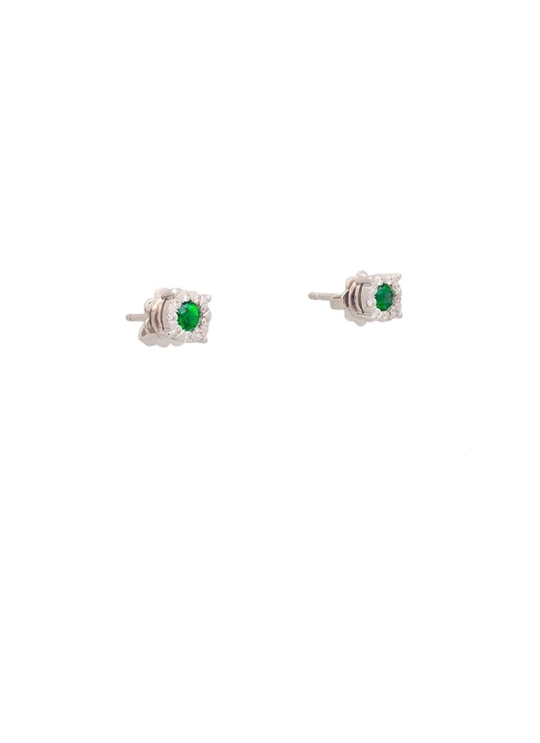 Pendientes de oro blanco de 18Kt, con esmeraldas redondas con un peso de 0,25ct rodeados de una orla de diamantes talla brillant