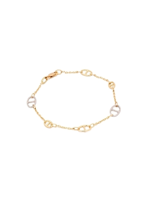 Pulsera realizada en oro bicolor, blanco y amarillo de 18Kt con eslabones grandes unidos por una fina cadena.