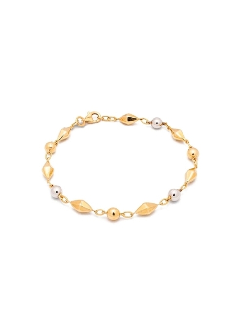 Pulsera de oro bicolor de 18Kt, formada por figuras octaédricas de color amarillo y esferas de color blanco y amarillo, unidas p