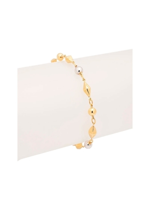 Pulsera de oro bicolor de 18Kt, formada por figuras octaédricas de color amarillo y esferas de color blanco y amarillo, unidas p