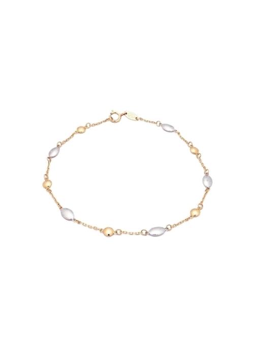 Pulsera de oro bicolor de 18Kt, formada por pequeñas formas ovaladas y planas de color blanco y otras redondeadas de color amari