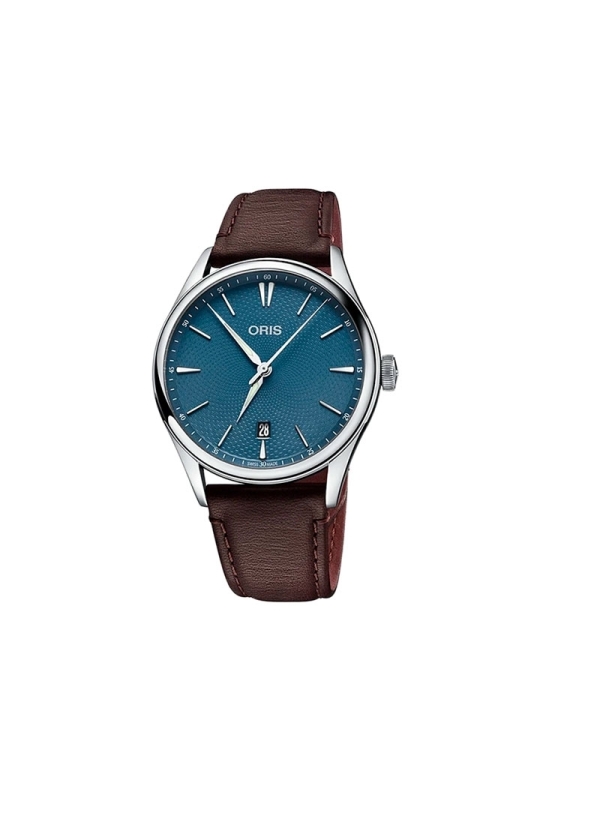El Oris Artelier Date es un reloj automático con reserva de marcha de 38h en caja de acero de 40 mm con esfera guilloché azul, v