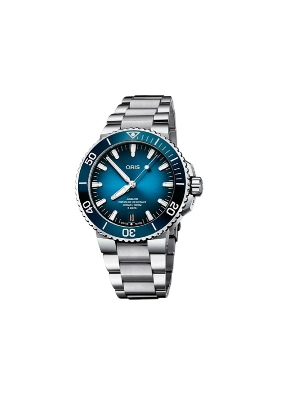 El Oris Aquis Date Calibre 400 es un reloj de movimiento automático en caja de acero de 43,50 mm, esfera en color azul con escal