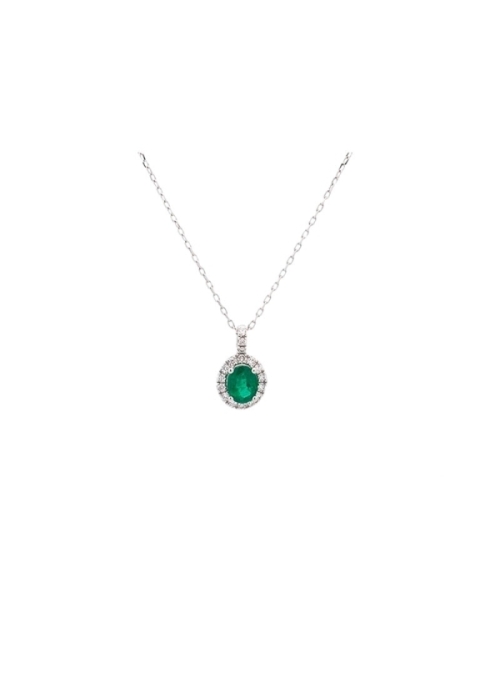 Cadena de oro blanco de 18Kt, colgante con una esmeralda talla oval de 0,35ct y orla de diamantes talla brillante con un peso to