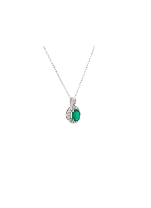 Cadena de oro blanco de 18Kt, colgante con una esmeralda talla oval de 0,35ct y orla de diamantes talla brillante con un peso to