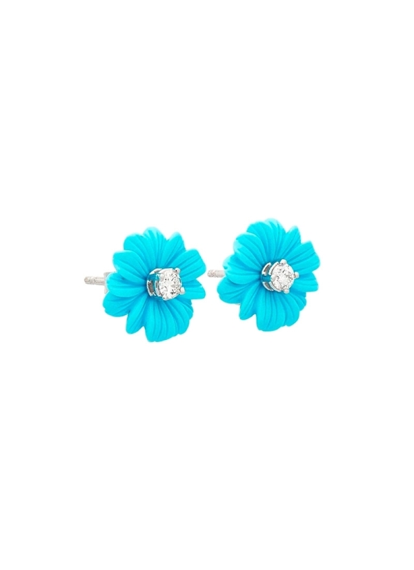 Pendientes de oro blanco de 18Kt con flores de turquesa de 13mm y diamantes talla brillante con un peso total de 0,21ct. 2