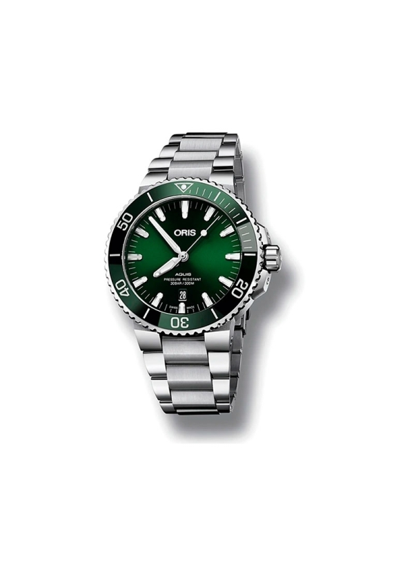 El Oris Aquis Date es un reloj de movimiento automático con reserva de marcha de 38h en caja de acero de 41,50 mm, esfera en col