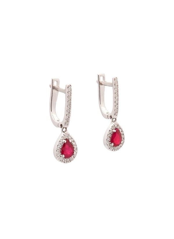 Pendientes largos de oro blanco de 18Kt, criolla de diamantes talla brillante y una parte inferior con rubí central (ambos 0,71c