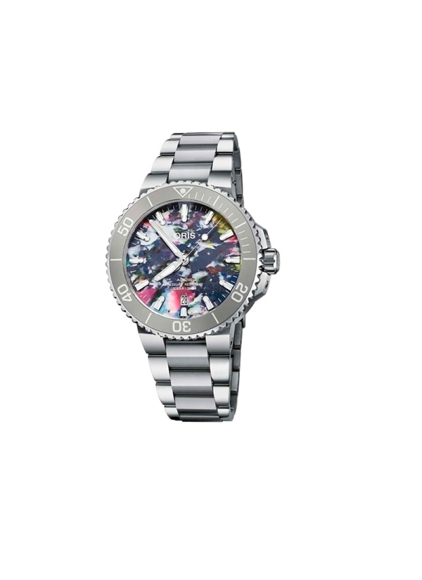 Reloj automático con reserva de marcha de hasta 38h, caja de acero de 41.50mm, esfera multicolor elaborada con residuos plástico