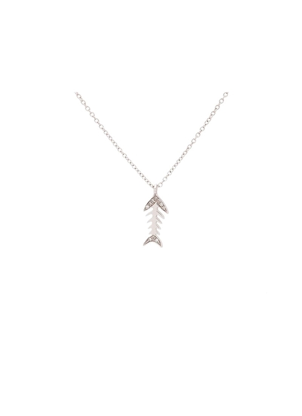 Cadena de oro blanco de 18Kt con un pequeño colgante en forma de raspa de pescado con diamantes talla brillante con un peso de 0