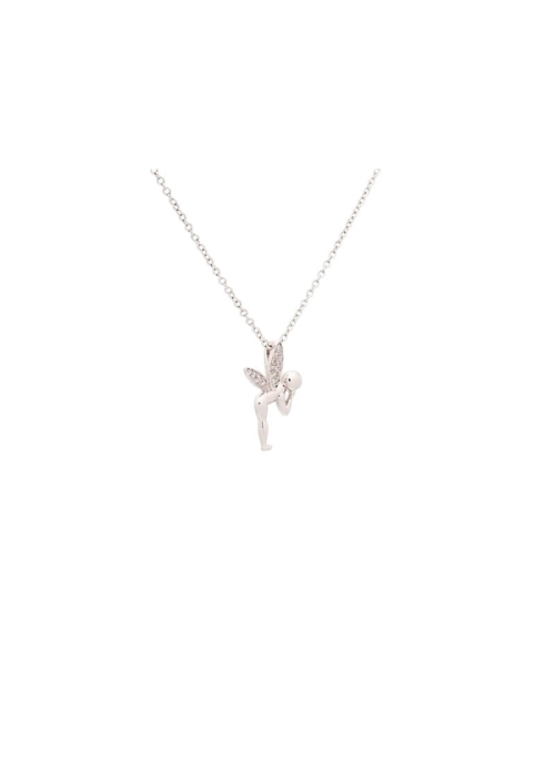 Cadena de oro blanco de 18Kt con un pequeño colgante en forma de Campanilla con diamantes talla brillante con un peso de 0,02ct.