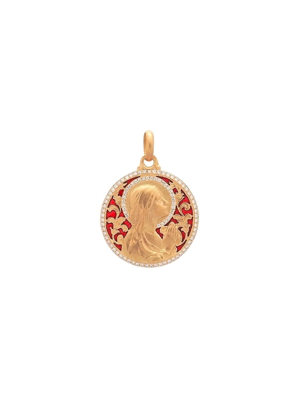Medalla de oro amarillo de 18Kt, imagen de la Virgen Niña rezando de 22mm de diámetro esmalte rojo y 94 pequeños brillantes enga