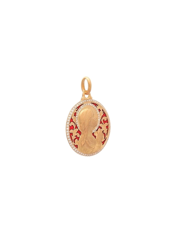 Medalla de oro amarillo de 18Kt, imagen de la Virgen Niña rezando de 22mm de diámetro esmalte rojo y 94 pequeños brillantes enga 2