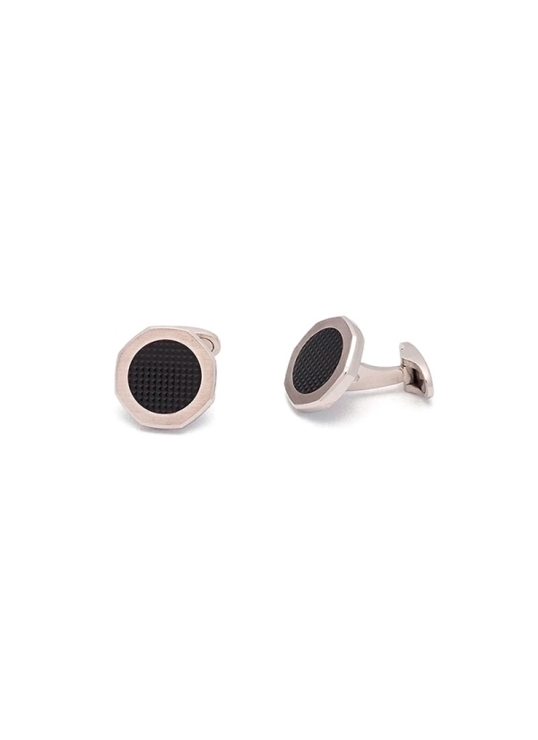 Gemelos octogonales de oro rosa mate de 18Kt con una placa circular de ónix