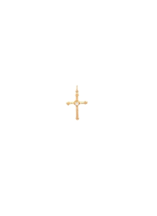 Cruz de oro amarillo mate de 18Kt con un diamante talla brillante en el centro