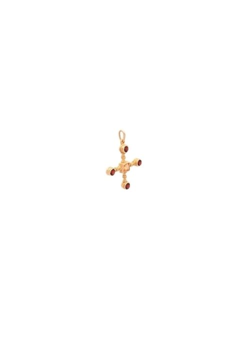 Cruz de oro amarillo mate de 18Kt con un cuarzo citrino en el centro y granates en los extremos