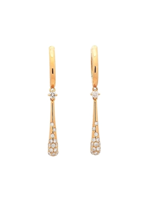 Pendientes largos de oro amarillo de 18Kt criolla con un brillante en garras, unido a una gota con diamantes talla brillante eng