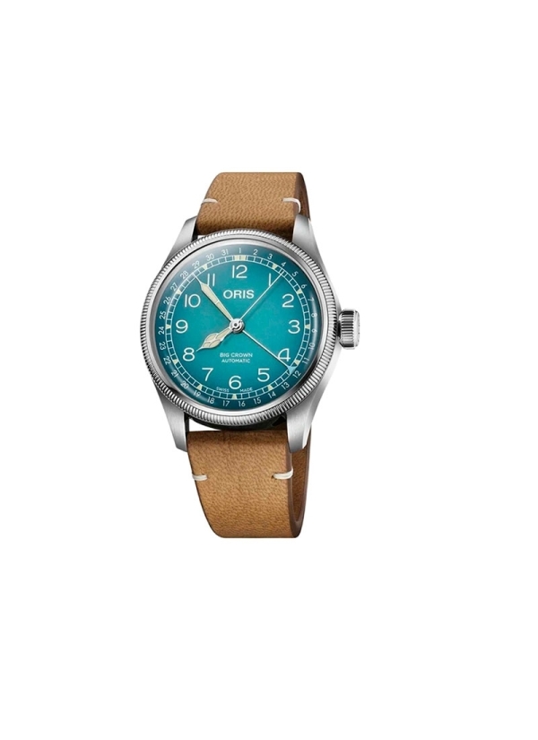 El Oris Big Crown es un reloj automático con reserva de marcha de hasta 38h, caja de acero de 38 mm, esfera azul con aguja indic