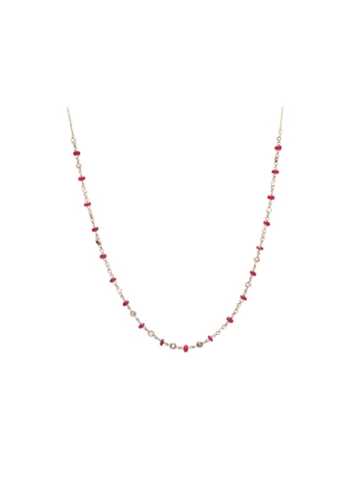 Cadena de oro rosa de 18Kt que lleva entorchados diamantes color brown de talla redonda y pequeños rondeles de rubí con un peso 