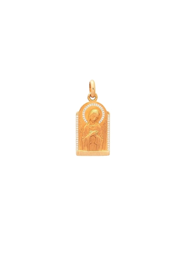 Medalla de oro amarillo de 18Kt, forma capilla de 22x14mm, virgen (Ave Postal)  con 25 diamantes talla brillante de 0,70mm en el