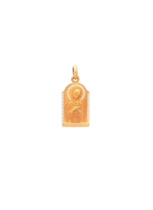 Medalla de oro amarillo de 18Kt, forma capilla de 22x14mm, virgen (Ave Postal)  con 25 diamantes talla brillante de 0,70mm en el