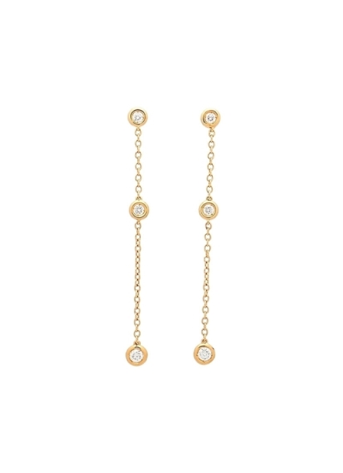 Pendientes largos de oro amarillo de 18ct, en los que 3 chatones de oro con un diamante talla brillante cada uno, se unen median