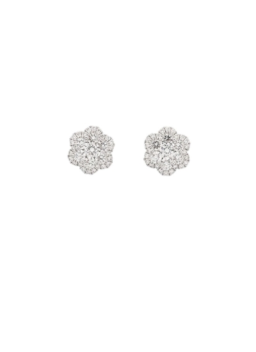 Pendientes de oro blanco de 18Kt, forma de flor, compuestos por diamantes talla brillante. Constan de un brillante, rodeado por 