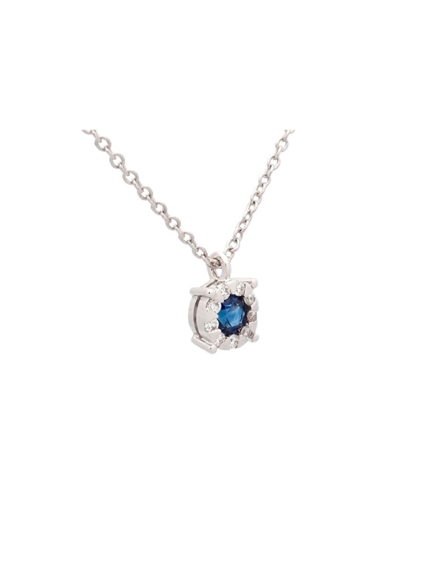 Cadena de oro blanco de 18Kt con pequeño colgante formado por un zafiro redondo de 0,25ct de peso rodeado de 9 diamantes talla b