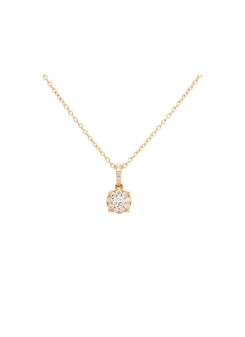 Cadena de oro amarillo de 18Kt con un colgante circular formado por un diamante central rodeado de otros 9, todos ellos talla br