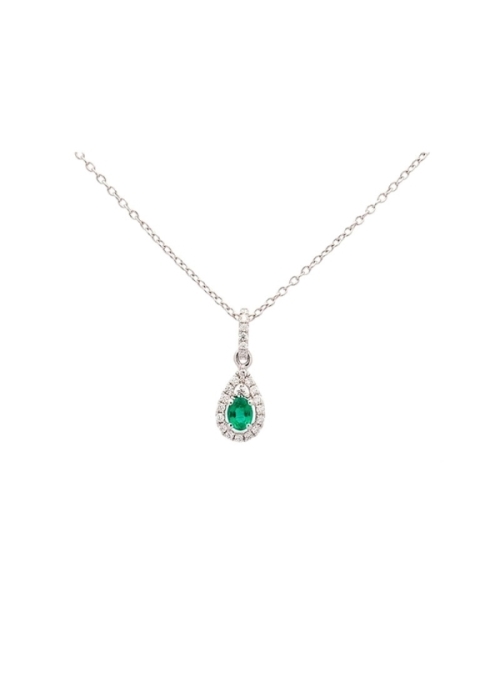 Cadena de oro blanco de 18Kt con un colgante compuesto por una esmerala talla oval de 0,16ct con orla en forma de perilla y asa 