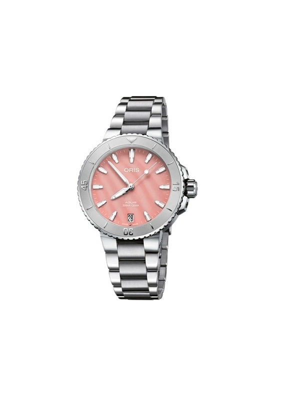 Reloj automático con reserva de marcha de hasta 38h, caja de acero de 36.50mm, esfera de nácar rosa, ventana de fecha y brazalet