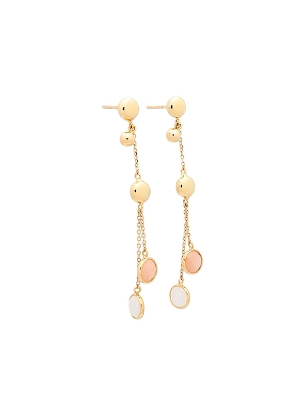 Pendientes largos de oro amarillo de 18Kt con 2 formas circulares, una pequeña bola y 2 chatones con cuarzos translúcidos, unido