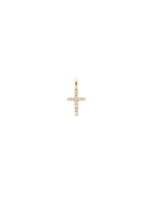 Cruz de oro amarillo de 18Kt, de 11 x 7,5mm, con 11 pequeños diamantes talla brillante con un peso total de 0,13ct.