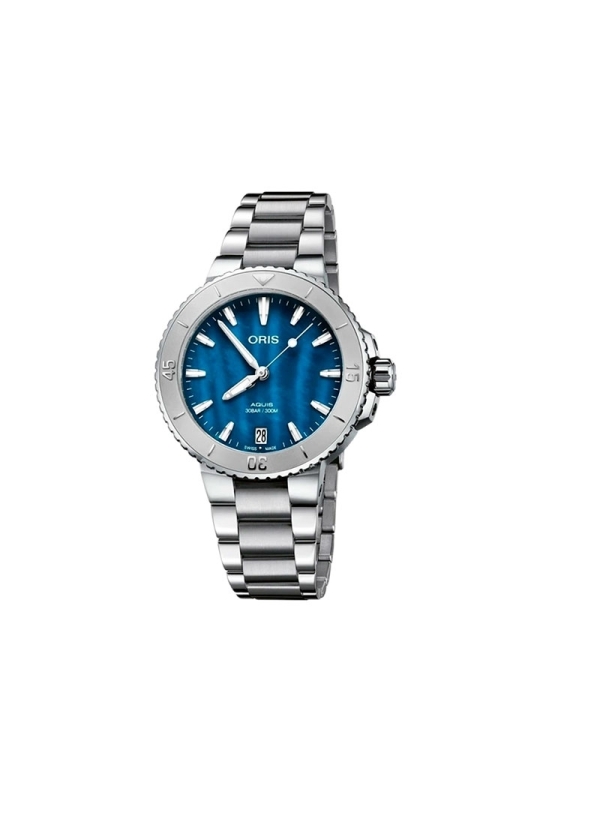 Reloj automático con reserva de marcha de hasta 38h, caja de acero de 36.50mm, esfera de nácar azul, ventana de fecha y brazalet