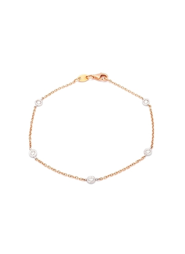 Ligera pulsera de cadenilla de oro rosa de 18Kt con 5 chatones de oro blanco engastados con diamantes talla brillante, con un pe